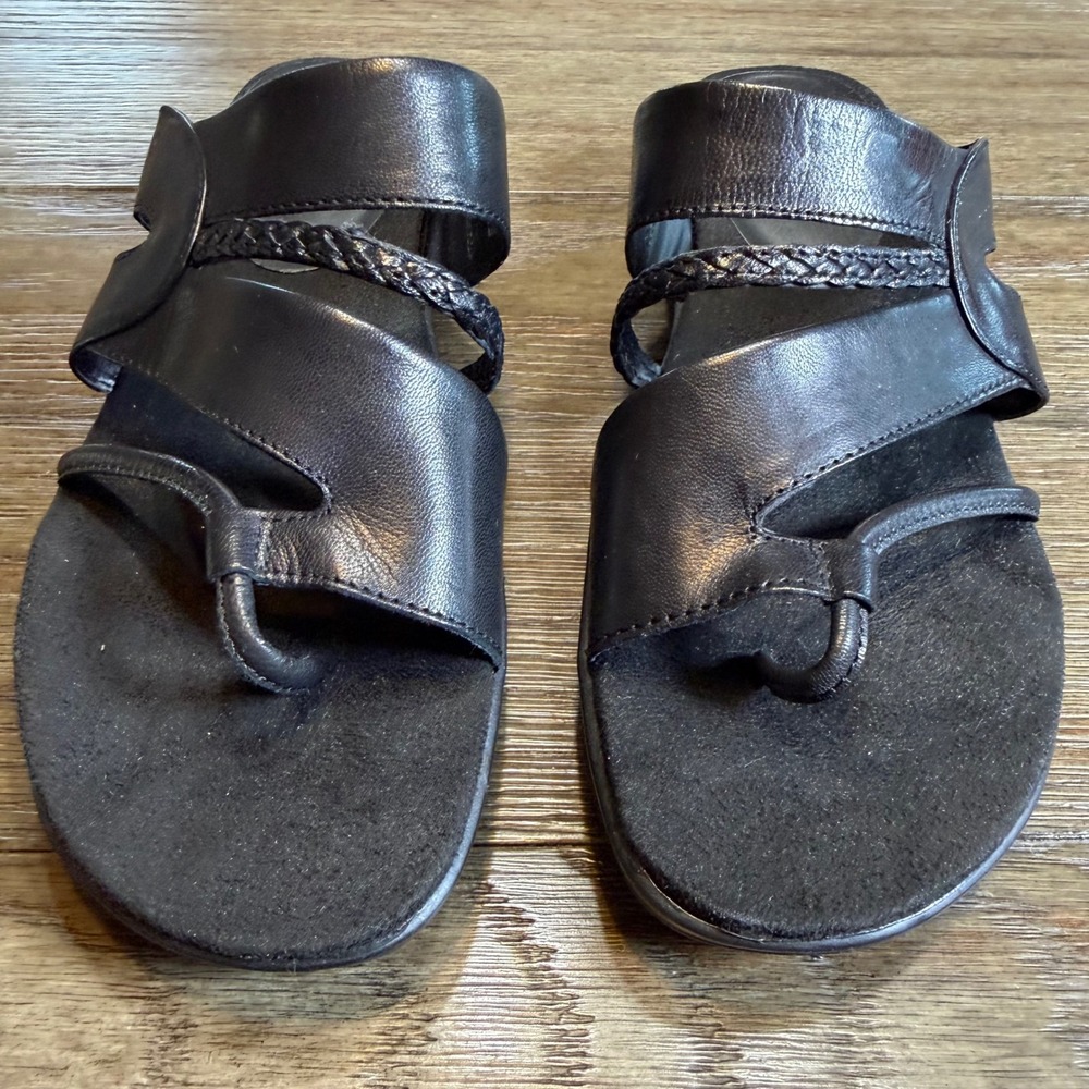 GH Bass Womens Black Leather Braided Strappy Toe Loop Wedge Slide Sandals 9M - Picture 4 of 9